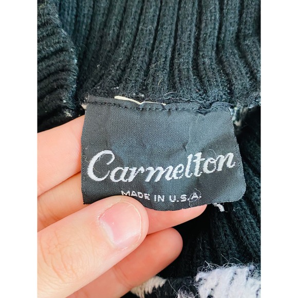 Vintage 80s Black White Sweater Women Medium Casual Preppy Retro Bold Floral - Picture 6 of 7